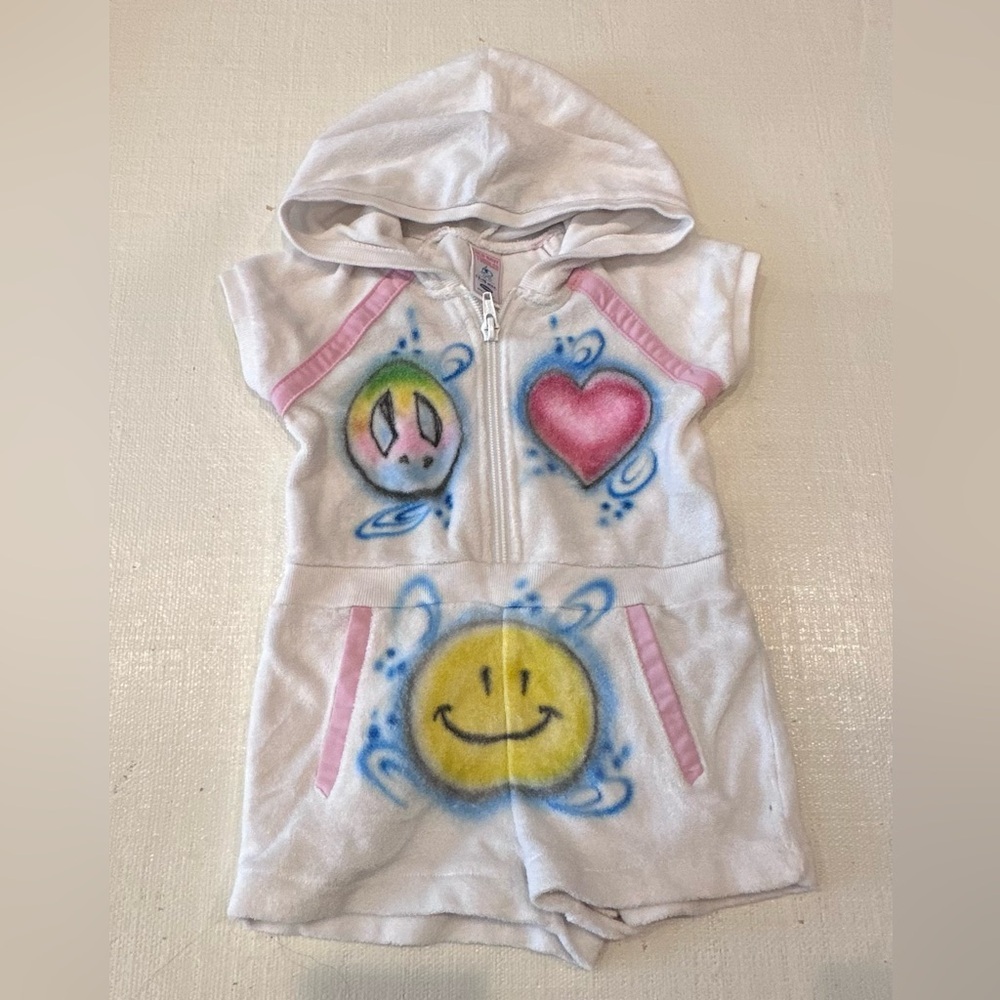 VINTAGE Custom Terry Toddler White Romper with Colorful Graphics